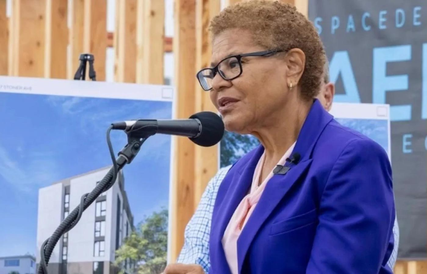 Karen Bass speaking at a press conference